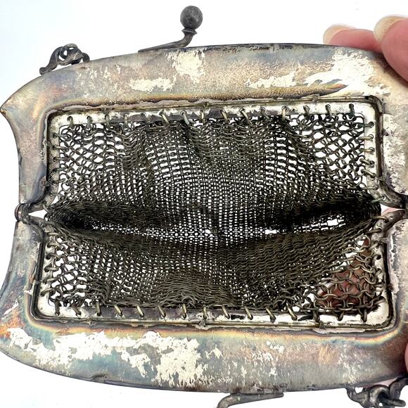 Antique Genuine German Silver Mesh Purse 5" x 5" with 8.5" Strap Drop - Picture 8 of 12